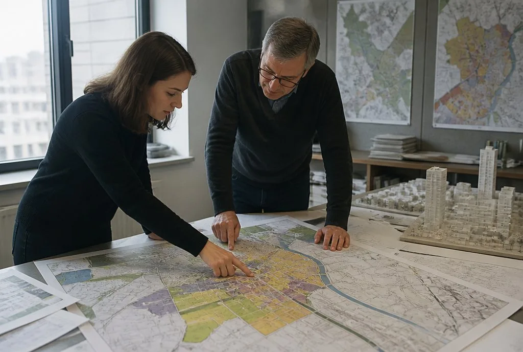 Planung Planungsbuero mit Zonierungskarten auf dem Tisch